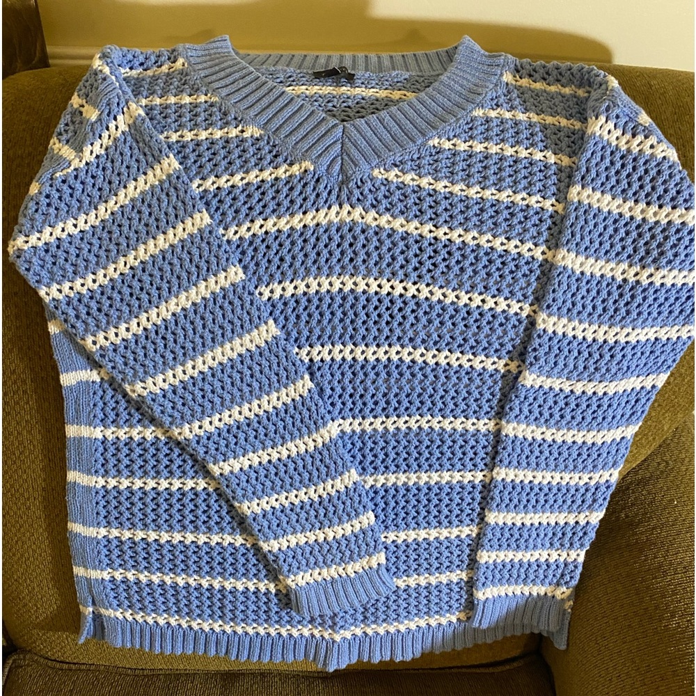 Talbots, blue and white striped open stitched Summer sweater, 100% cotton